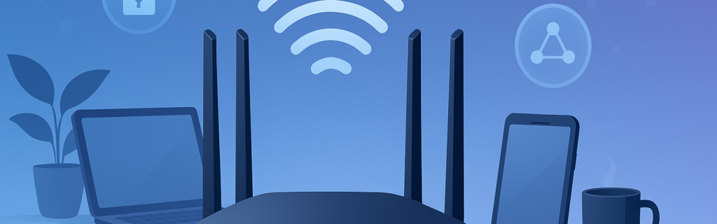 Wide banner of an office Wi-Fi router with four antennas, radiating signal waves, flanked by a laptop and smartphone on a blue gradient background with security and mesh icons.