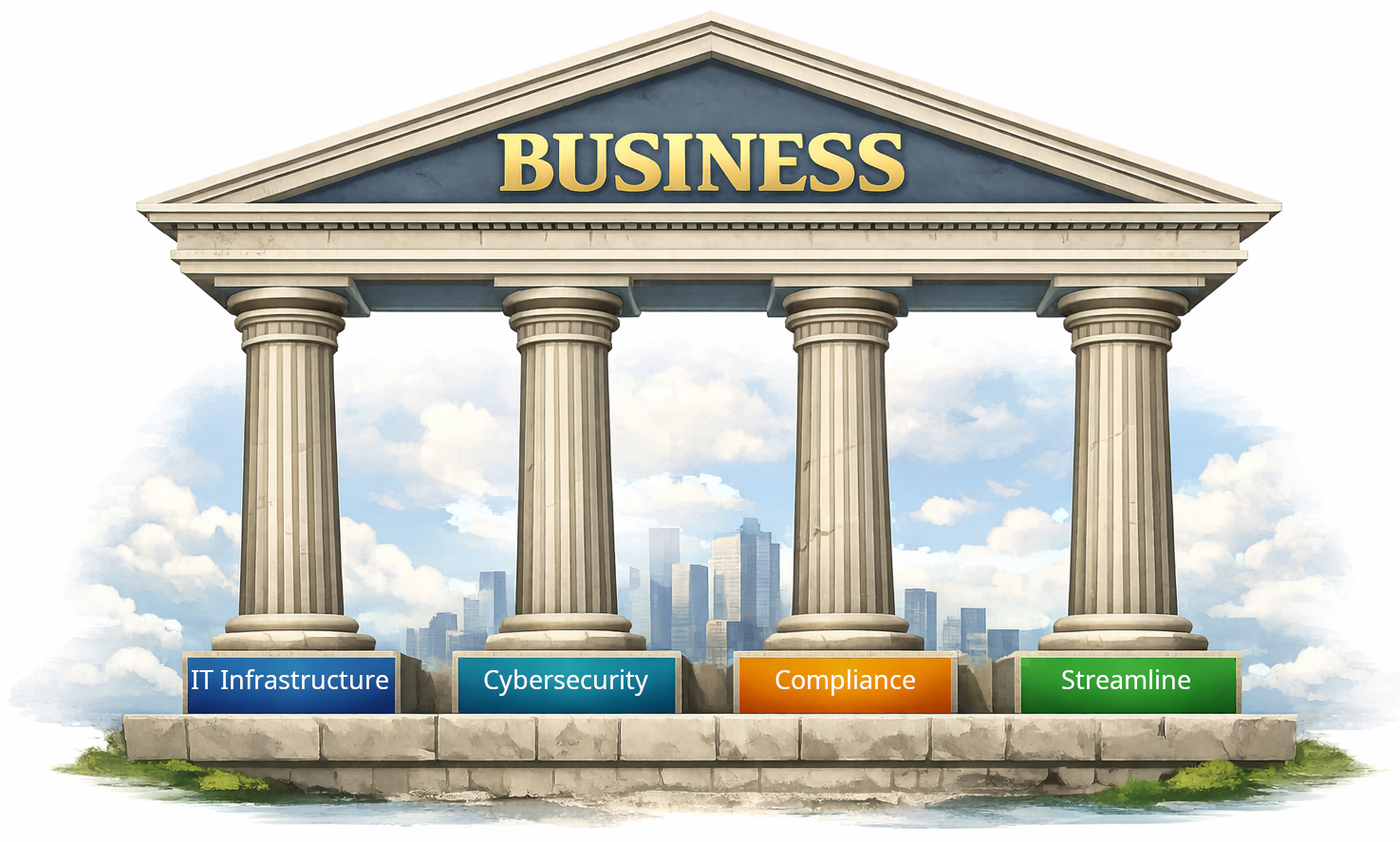 Business supported by four pillars: IT Infrastructure, Cybersecurity, Compliance, Streamline